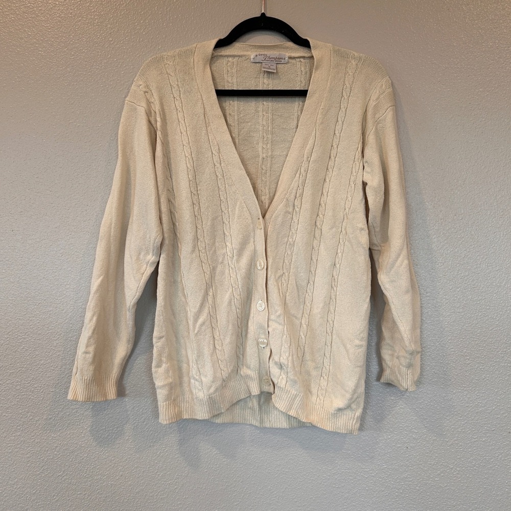 Norm Thompson 100% Silk Cable Knit Cardigan Sweater Cream V-Neck Womens Small